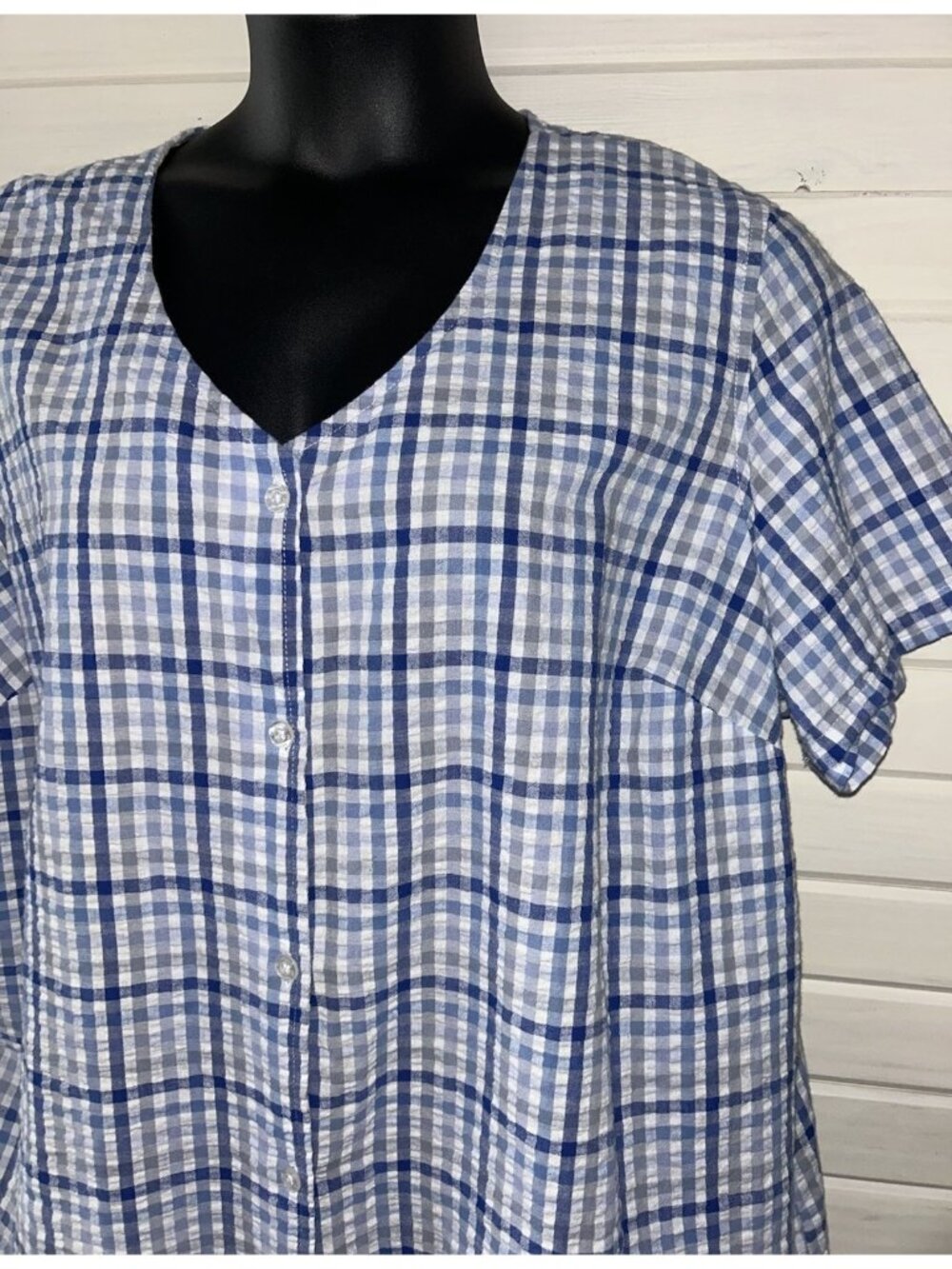 Woman Within Sz PLUS 1X 22/24 Blue Plaid V-Neck Seersucker Button Up Tunic EUC